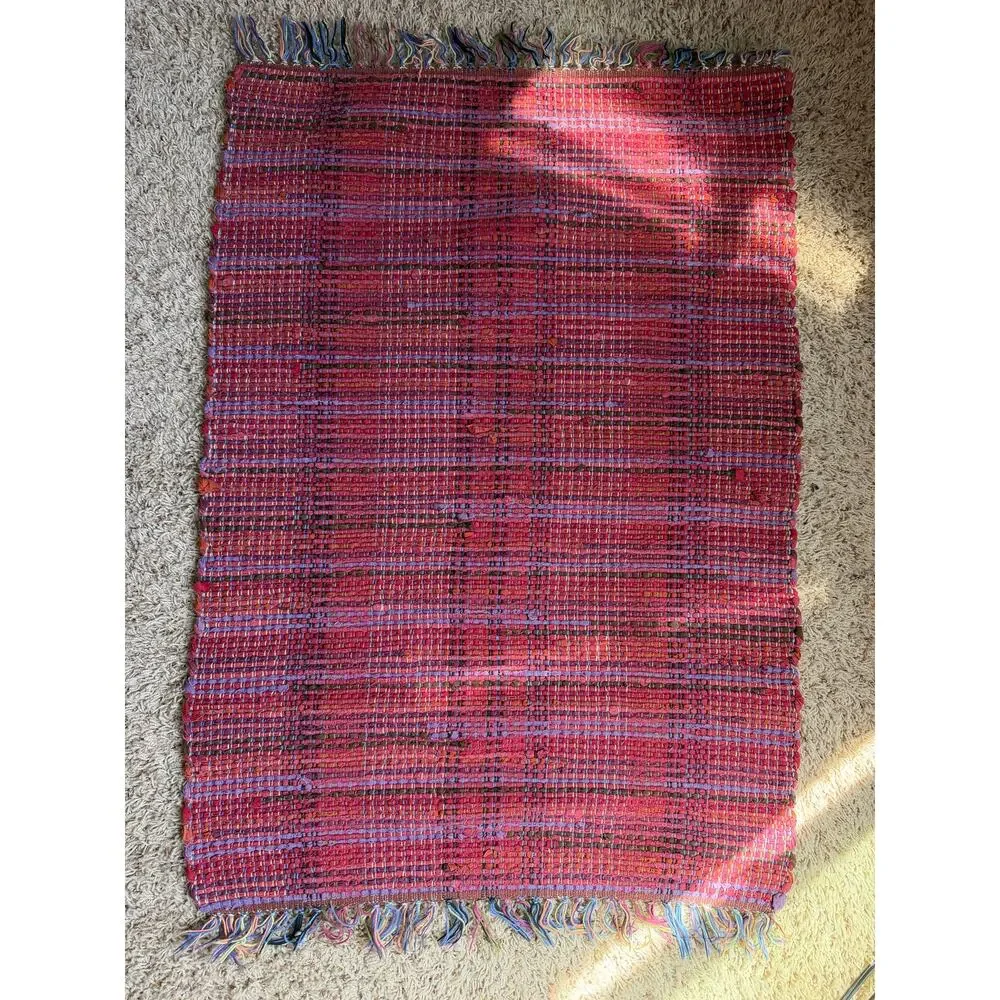 Handmade Woven Braided Chindi Rug Small 39x27 Red Tones Hippie Boho Multicolor